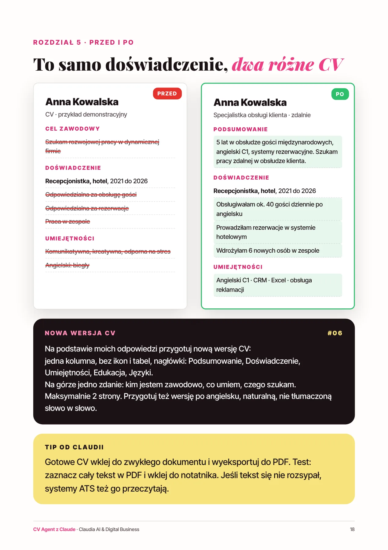 Strona e-booka: to samo CV przed i po poprawkach